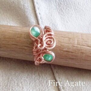 Wire Wrapped Copper & Bright Green Fire Agate Ring - Size 7 - Spring Summer Boho